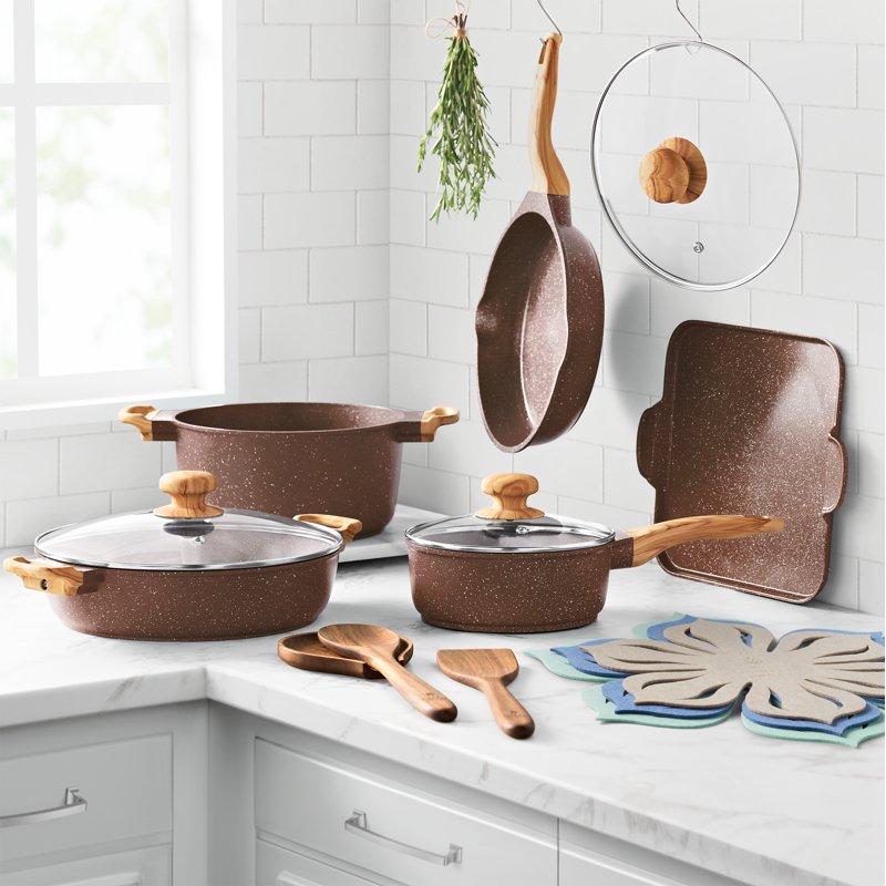 The Pioneer Woman Prairie Signature 14-Piece Cast Aluminum Cookware Set Brown Speckle