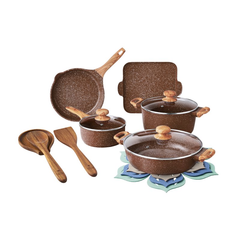 The Pioneer Woman Prairie Signature 14-Piece Cast Aluminum Cookware Set Brown Speckle