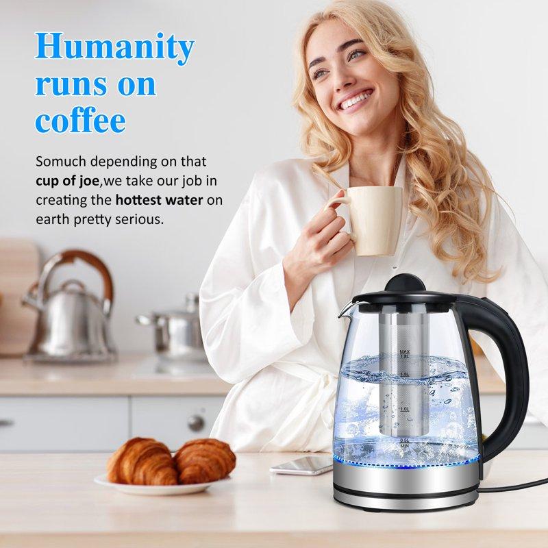 TINANA Electric Kettle With Stainless Steel Removable Infuser: 2L Borosilicate Glass Electric Tea Kettle 1500W Boiling Water Pot Auto Shut Off Boil-Dry Protection