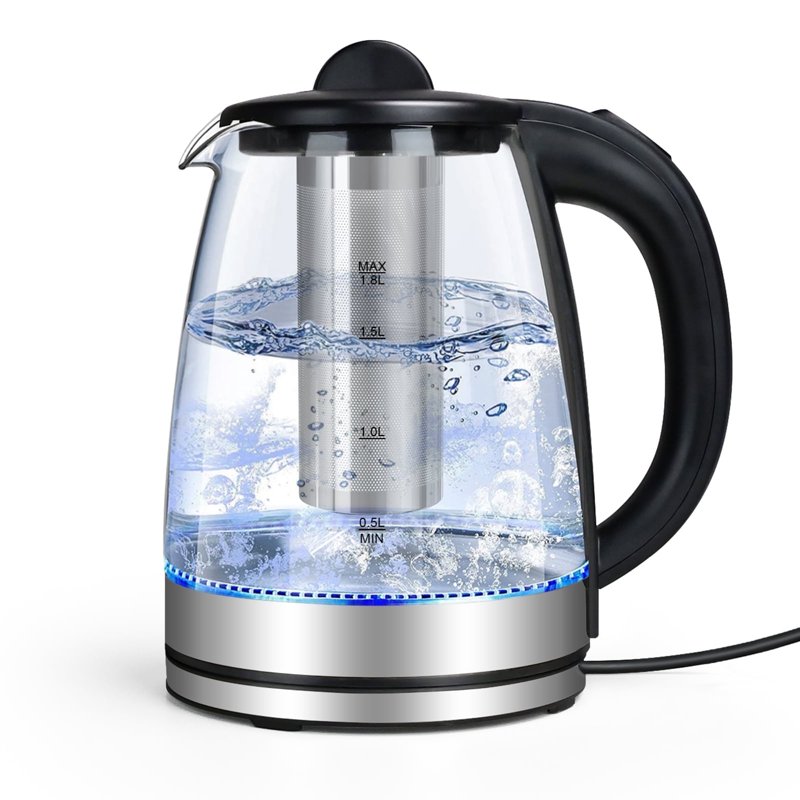 TINANA Electric Kettle with Stainless Steel Removable Infuser: 2L Borosilicate Glass Electric Tea Kettle 1500W Boiling Water Pot Auto Shut Off Boil-Dry Protection