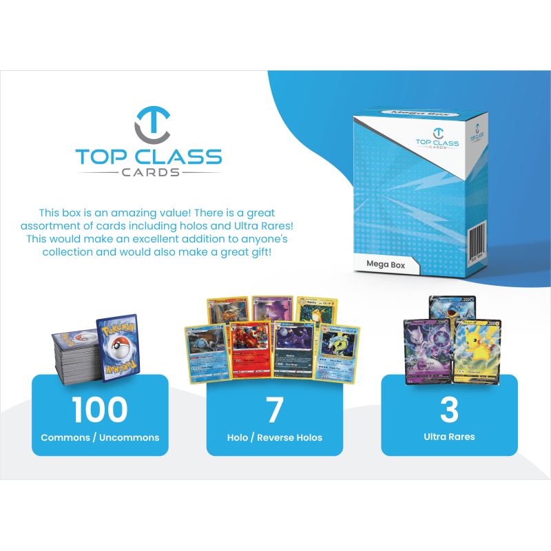 Top Class Cards Mega Box 100 Cards 3 Guaranteed Ultra Rares 7 Holo Cards Compatible With Pokemon Cards