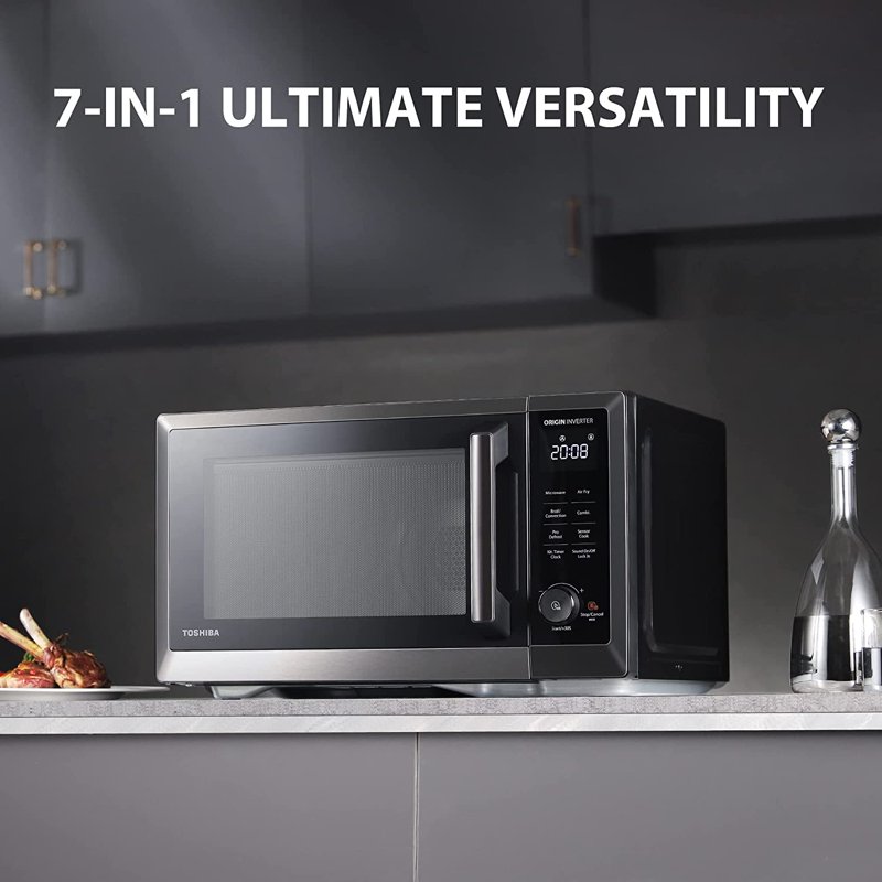 TOSHIBA 7-in-1 Countertop Microwave Oven Air Fryer Combo Inverter Convection Broil Speedy Combi Even Defrost Humidity Sensor Mute Function 27 Auto Menu&47 Recipes 1.0 Cu.ft/30QT 1000W