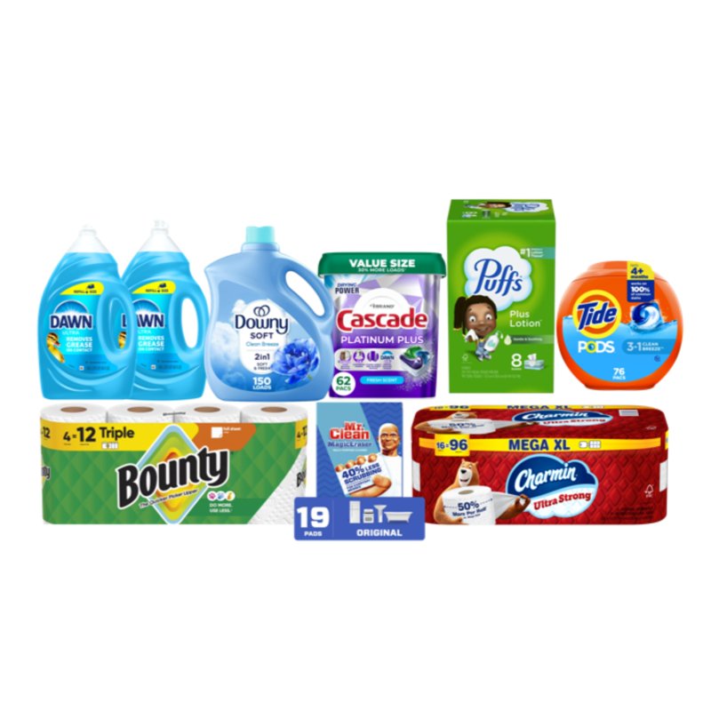 Total Home Essentials Bundle: Charmin Ultra Strong Toilet Paper Downy 2-in-1 Softener Dawn Ultra Dish Soap Magic Erasers Tide PODS Cascade Platinum Dish Pods Bounty Paper Towels Puffs Tissues