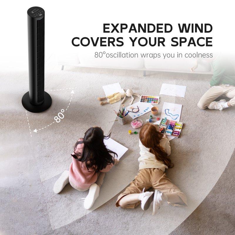 Tower Fan For Home 80° Oscillating Silent Bladeless Floor Fan With Remote 4 Speeds 40 In Multiple Modes 7-Hour Timer Led Display Screen Vertical Fan For Home Living Room Office Black