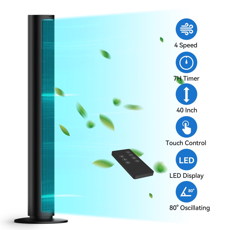 Tower Fan for Home 80° Oscillating Silent Bladeless Floor Fan with Remote 4 Speeds 40 in Multiple Modes 7-Hour Timer Led Display Screen Vertical Fan For Home Living Room Office Black