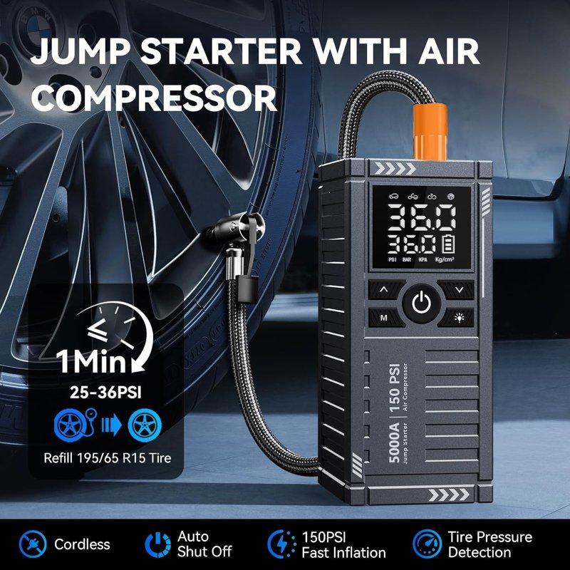 TRAKAR Car Battery Charger Jump Starter With Air Compressor 5000A 150PSI (9.0 Gas/8.0L Diesel) 14.8V Jump Box Car Battery Jumper Starter Portable With Jumper Cables LCD Display Lights