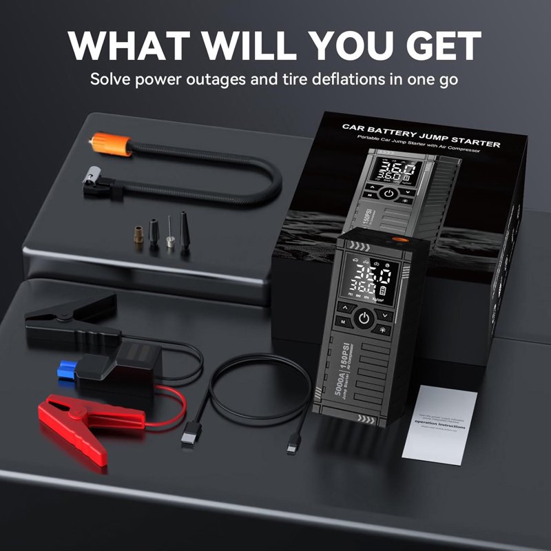 TRAKAR Car Battery Charger Jump Starter With Air Compressor 5000A 150PSI (9.0 Gas/8.0L Diesel) 14.8V Jump Box Car Battery Jumper Starter Portable With Jumper Cables LCD Display Lights