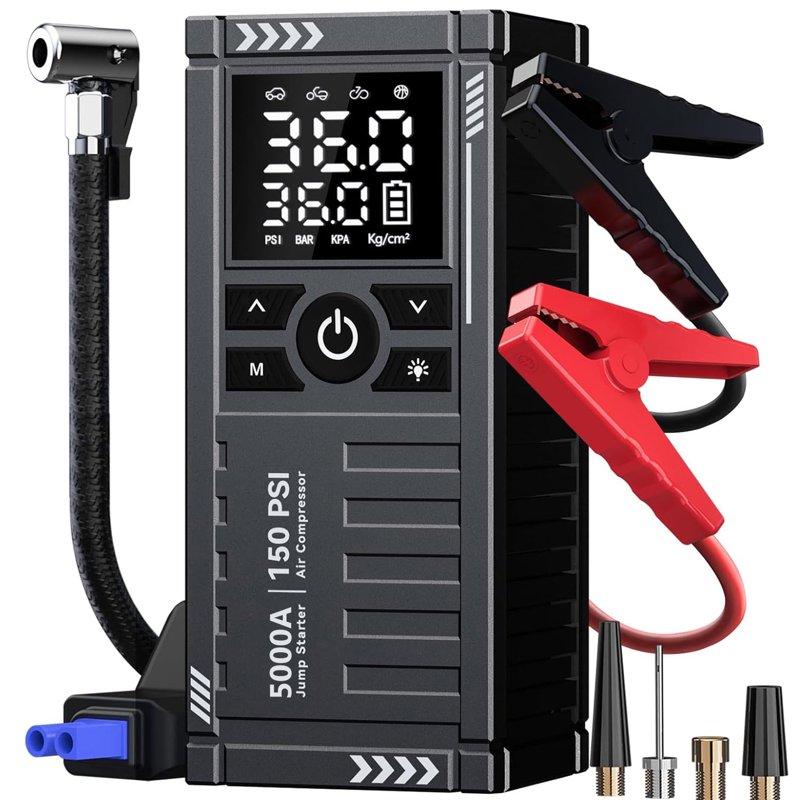 TRAKAR Car Battery Charger Jump Starter with Air Compressor 5000A 150PSI (9.0 Gas/8.0L Diesel) 14.8V Jump Box Car Battery Jumper Starter Portable with Jumper Cables LCD Display Lights