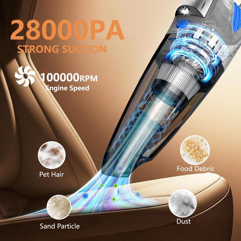 TRAKAR Handheld Vacuum Cordless 28000PA Strong Suction Hand Held Car Vacuum Cleaner Portable Hand Vacuum Rechargeable With Nozzles & LED Light For Home Car Office Pet Hair