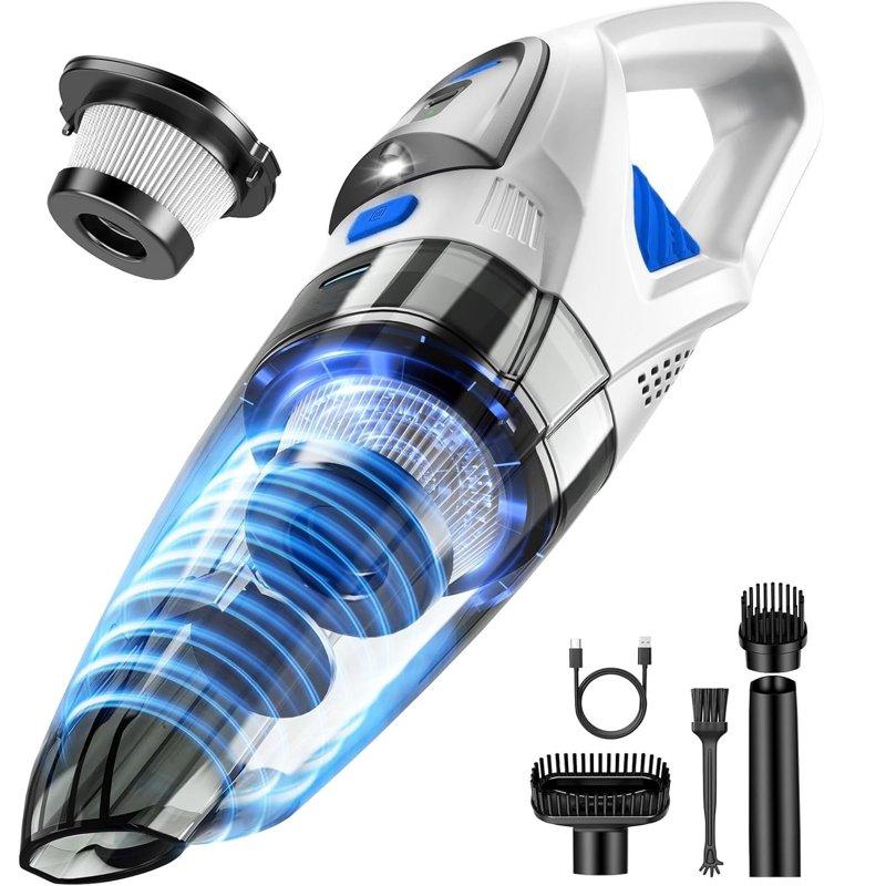 TRAKAR Handheld Vacuum Cordless 28000PA Strong Suction Hand Held Car Vacuum Cleaner Portable Hand Vacuum Rechargeable with Nozzles & LED Light for Home Car Office Pet Hair