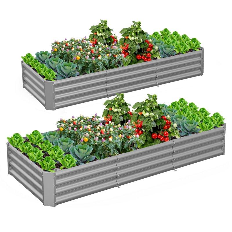 TRAMULL 2 Pack 8x3x1ft Metal Galvanized Raised Garden Bed For Vegetables Flowers Ground Planter Box (Gray)