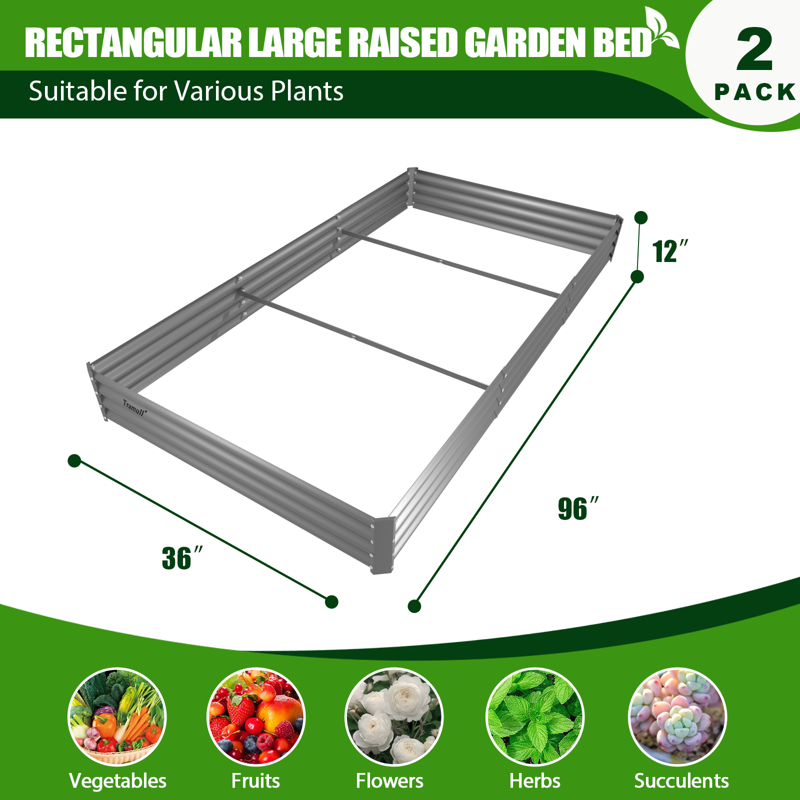TRAMULL 2 Pack 8x3x1ft Metal Galvanized Raised Garden Bed For Vegetables Flowers Ground Planter Box (Gray)
