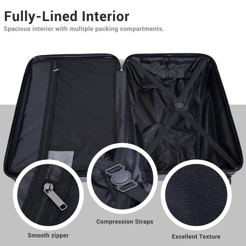 Travelhouse 3 Piece Hardside Luggage Set Hardshell Lightweight TSA Lock Spinner Wheels Suitcase With Backpack And 5 Packing Cubes.Black