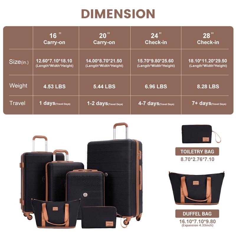 Travelhouse 6 Piece Hardshell Luggage Set Hardside Lightweight Suitcase With TSA Lock Spinner Wheels.(Black)