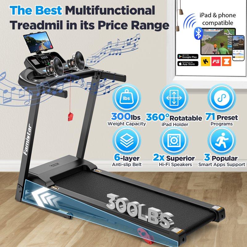 Treadmill For Home Portable Folding Electric Exercise Treadmill With Adjustable Incline APP Control 64 Programs 300 Lb Capacity 7.5MPH Bluetooth Speakers Running Walking Jogging 12/23 Update