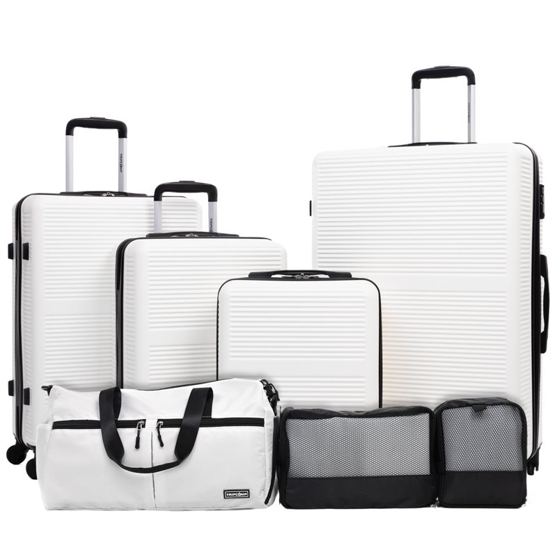 Tripcomp 7-Piece Hardside Luggage Set With TSA Lock Lightweight ABS+PC Suitcase (16/20/24/28 Inch) With 360° Silent Spinner Wheels Duffel Bag And 2 Packing Cubes (White)