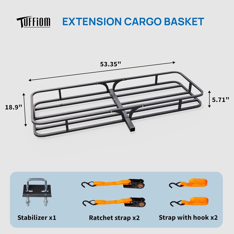TUFFIOM 59"x19"x6" Hitch Mount Cargo Carrier Basket 500lbs Steel Car Cargo Trailer Hitch Luggage Rack With Straps & Stabilizer For SUV Car Truck Van With 2" Hitch Receiver