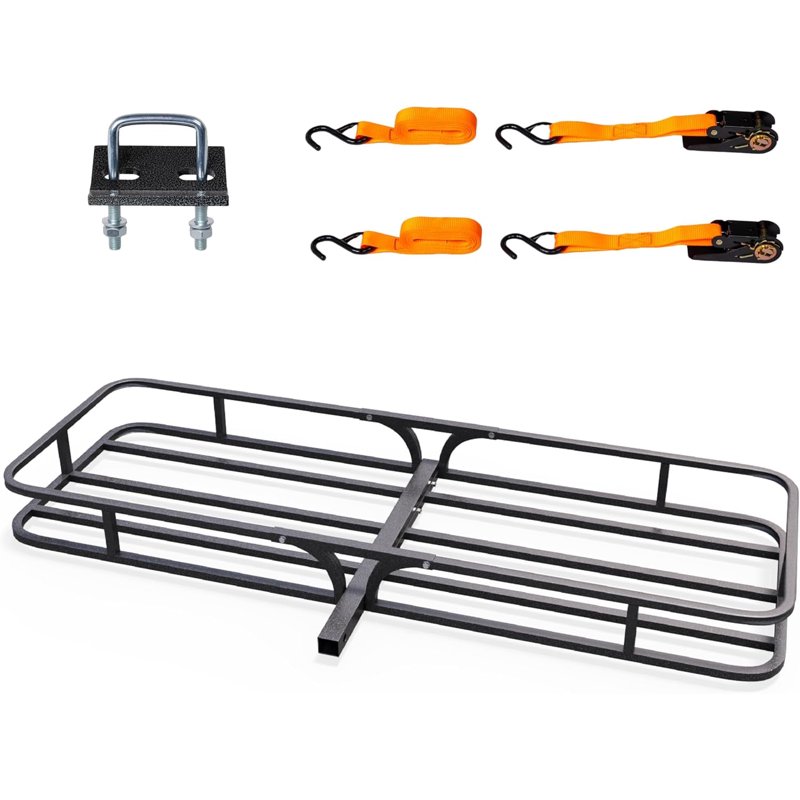 TUFFIOM 59"x19"x6" Hitch Mount Cargo Carrier Basket 500lbs Steel Car Cargo Trailer Hitch Luggage Rack with Straps & Stabilizer for SUV Car Truck Van with 2" Hitch Receiver
