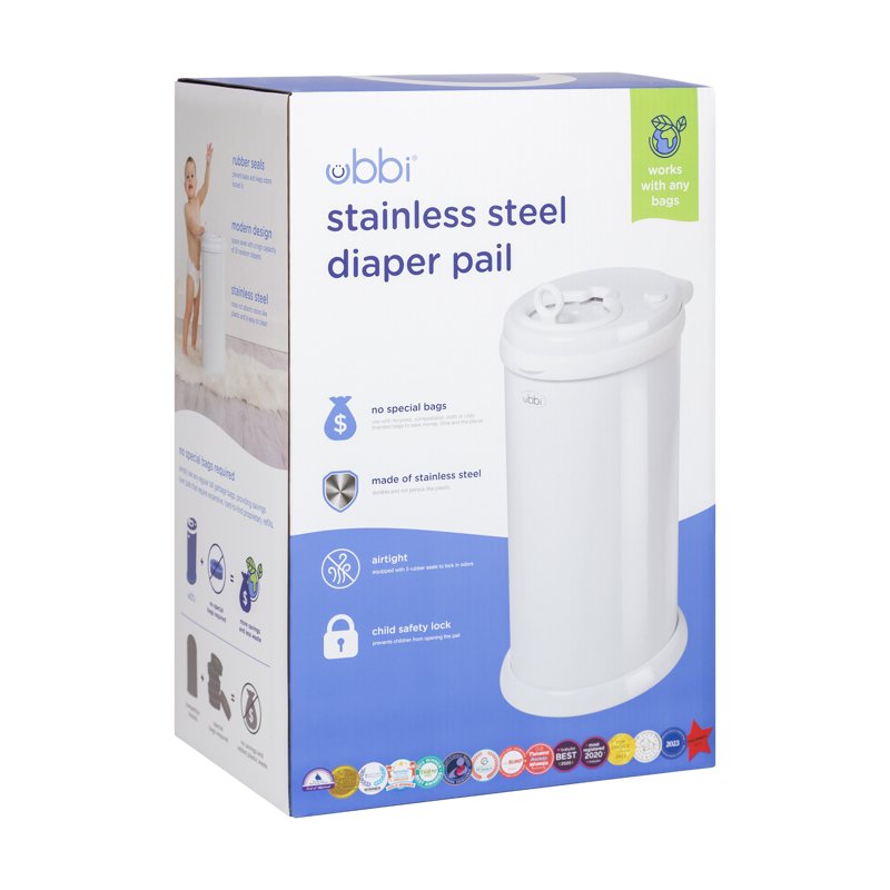 Ubbi Stainless Steel Diaper Pail Odor Locking No Special Bag Required Award-Winning Registry Must-Have White