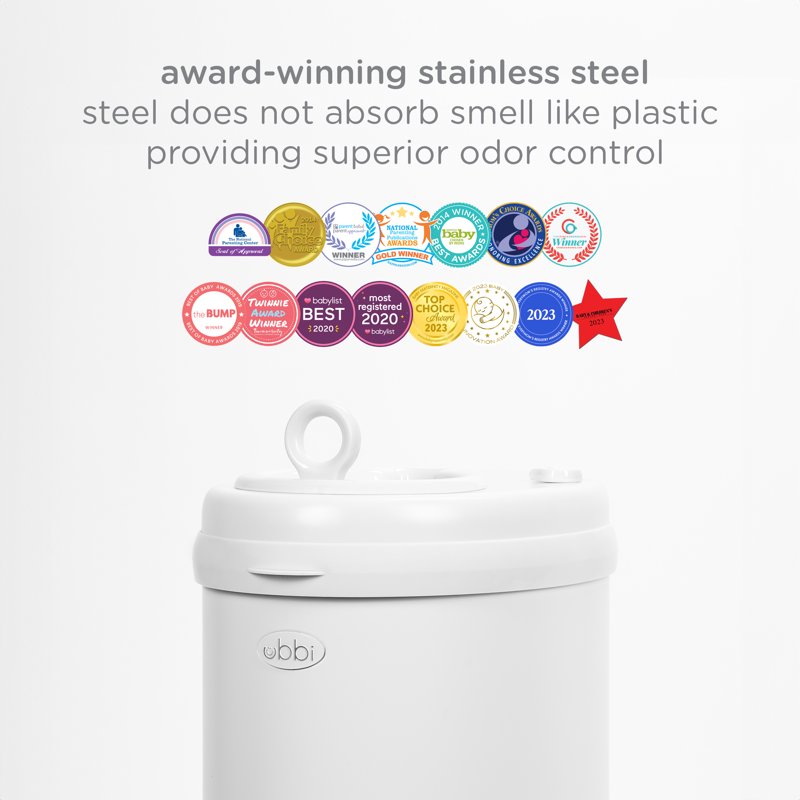 Ubbi Stainless Steel Diaper Pail Odor Locking No Special Bag Required Award-Winning Registry Must-Have White