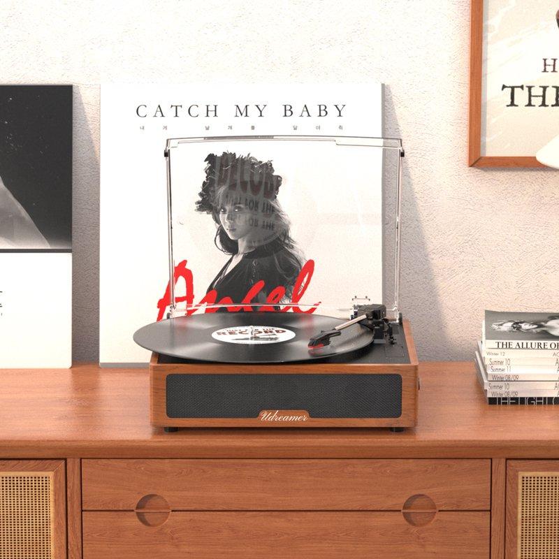Udreamer Vinyl Record Player Stereo Speakers Turntables Vinyl Player With Bluetooth All In One Vintage Audio Turntable Brown