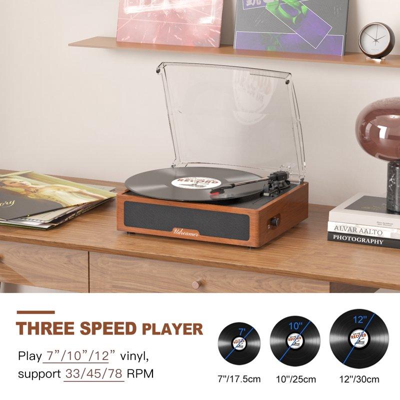 Udreamer Vinyl Record Player Stereo Speakers Turntables Vinyl Player With Bluetooth All In One Vintage Audio Turntable Brown