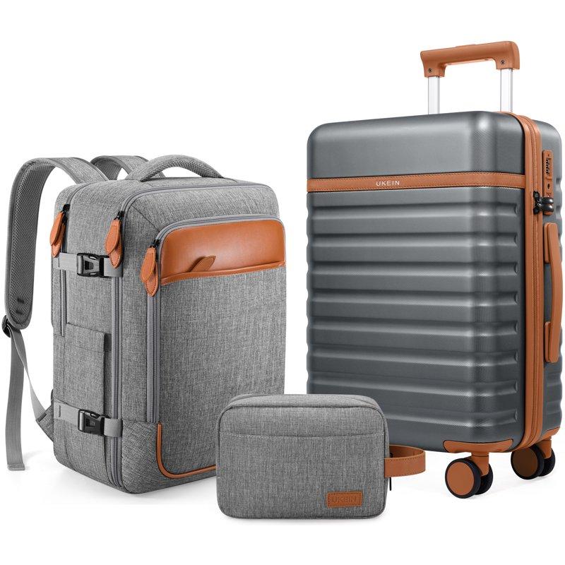 UKEIN Luggage Sets 3 Piece Carry On Luggage with Wheels 20 Inch Hardshell Suitcase with TSA Lock 100% PC Carry On Suitcases Airline Approved With Travel Backpack for Men Women