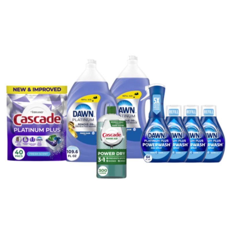 Ultimate Cleaning Bundle: Cascade Platinum Plus Pods Cascade Rinse Aid Dawn Platinum Dish Soap & Dawn Powerwash Spray Kit + 3 Refills