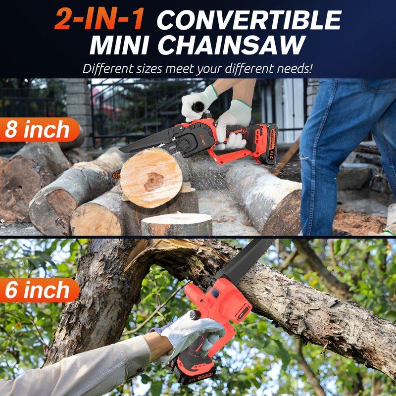 UNTIMATY Mini Chainsaw 6 & 8 Inch Cordless Handheld Electric Chain Saw With 2 Batteries And Charger For Trees And Wood Orange