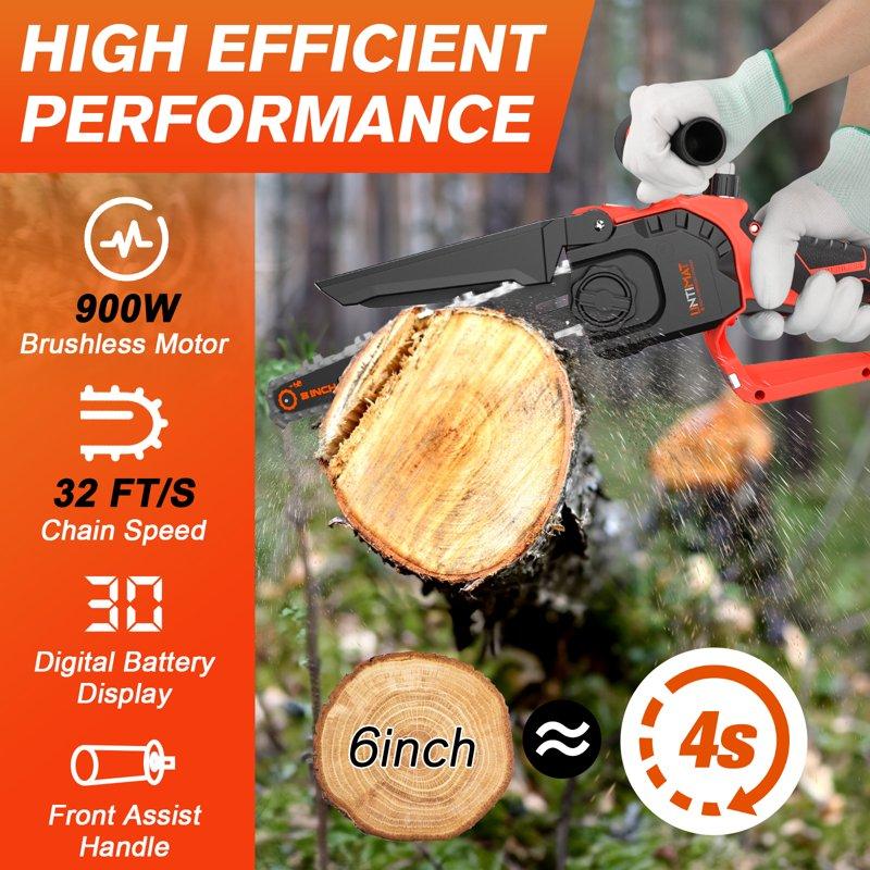 UNTIMATY Mini Chainsaw 6 & 8 Inch Cordless Handheld Electric Chain Saw With 2 Batteries And Charger For Trees And Wood Orange