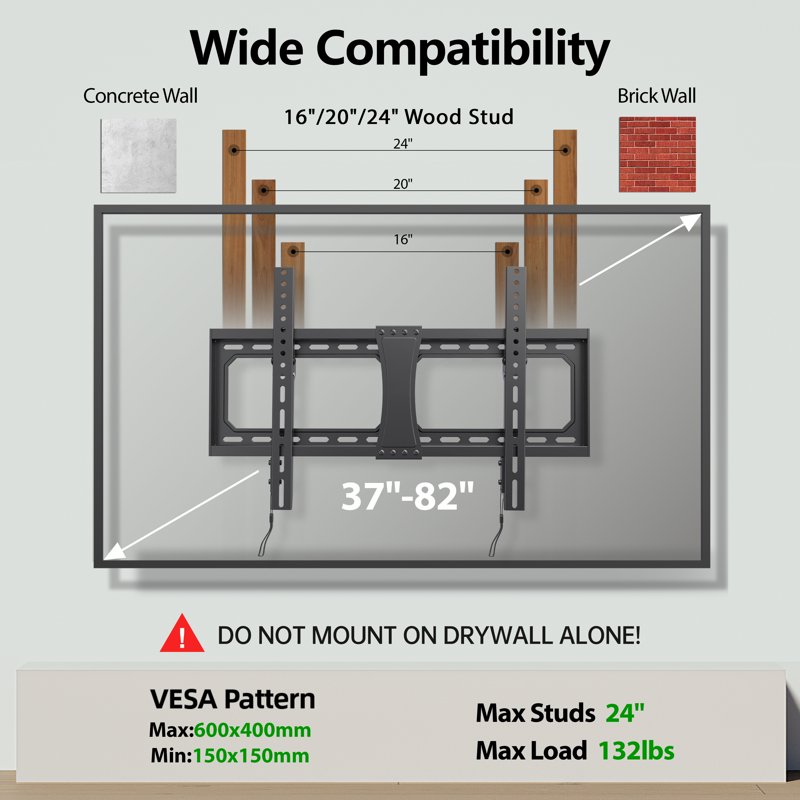 USX MOUNT Large Tilting TV Wall Mount For 37-82" TVs Universal Tv Mount With Capacity 132 Lbs Up To 600x400mm VESA 24" Wood Stud
