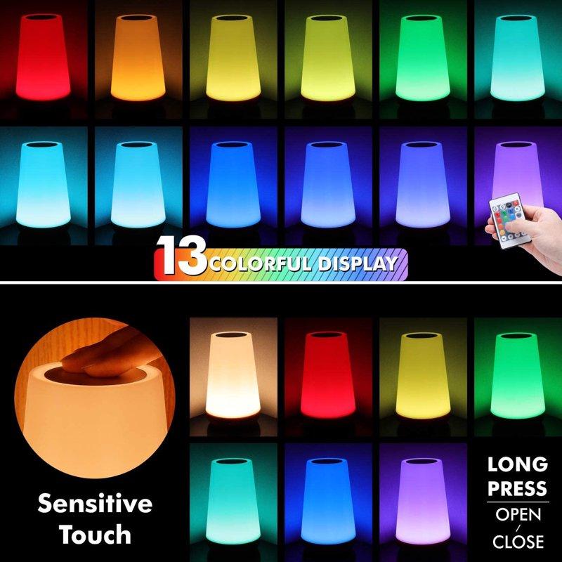 UWANTME Night Light Dimmable Touch Lamp For Bedroom Portable Table Bedside Desk Lamps 5 Brightness And 13 RGB Colors Suitable For Bedroom/Bathroom/Hallways/Living Room/Office