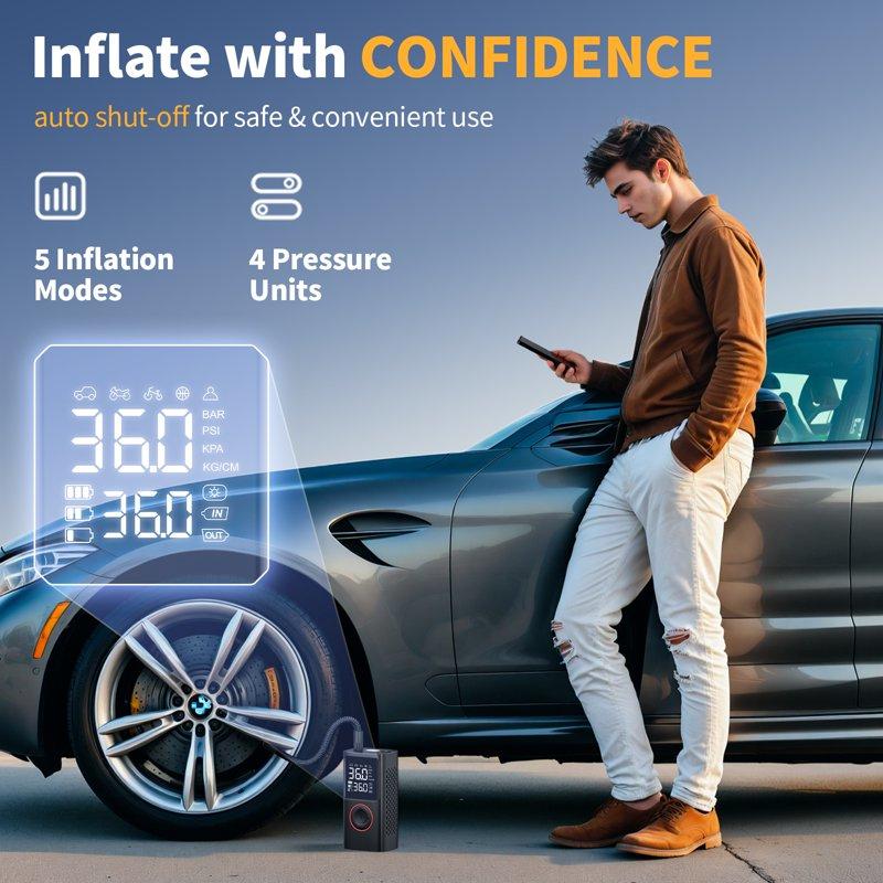 VacLife Cordless Tire Inflator Portable Air Compressor - Air Pump For Car Tires 150 Psi