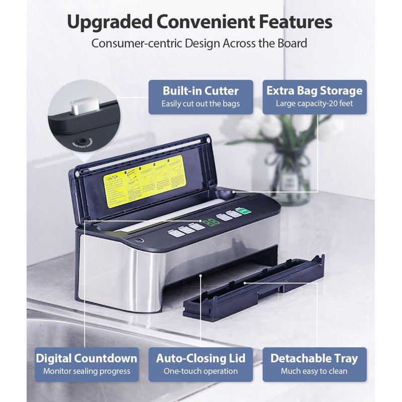 Vacuum Sealer Machine Aeitto® 85KPA Fully Automatic 8-IN-1 Food Sealer With Bags Storage Build-in Cutter Moist&Dry Mode And Air Suction Hose Digital Countdown Sous Vide