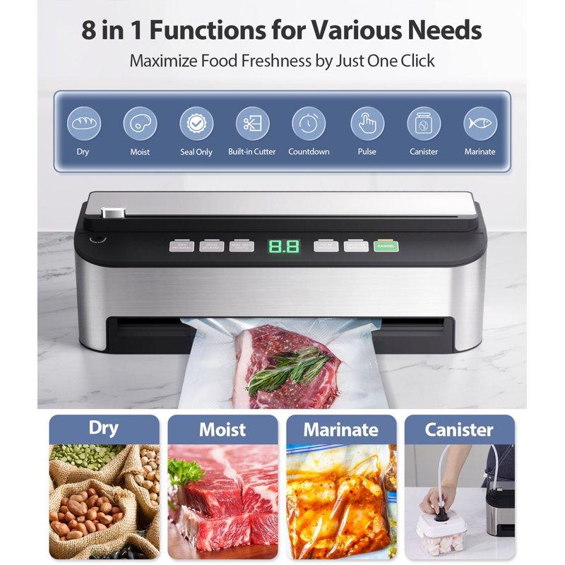 Vacuum Sealer Machine Aeitto® 85KPA Fully Automatic 8-IN-1 Food Sealer With Bags Storage Build-in Cutter Moist&Dry Mode And Air Suction Hose Digital Countdown Sous Vide