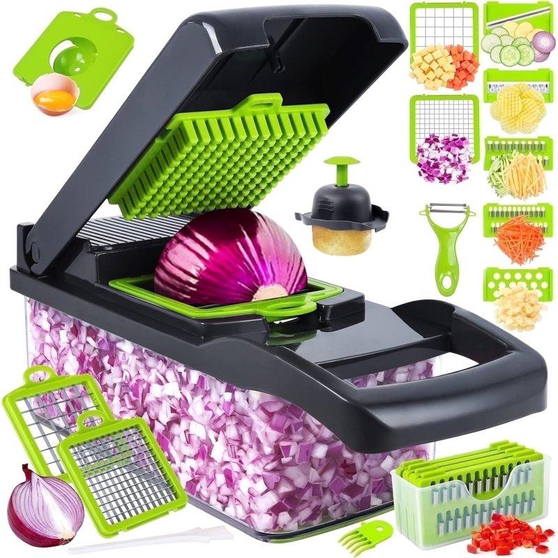 Vegetable Chopper Pro Onion Chopper 14 in 1Multifunctional Food Chopper Kitchen Vegetable Slicer Dicer Cutter Veggie Chopper With 8 Blades Carrot Chopper With Container-kitchen essentials(Grey)