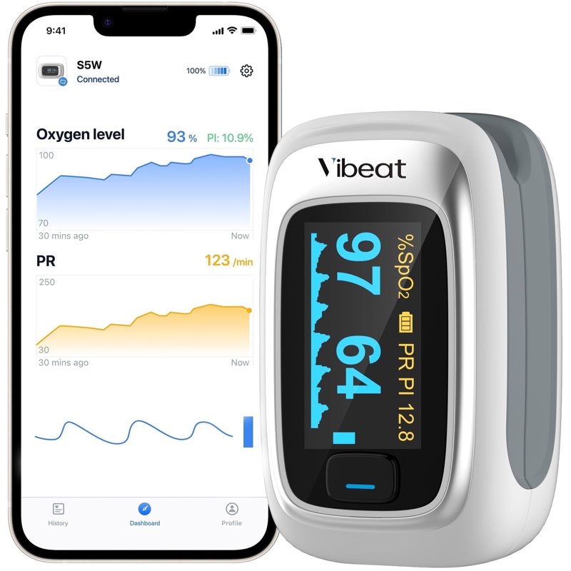 Vibeat S5W Bluetooth Pulse Oximeter for Sports - SpO2 & HR Tracker 1 Pack w/ 2 AAA Batteries (Silver)