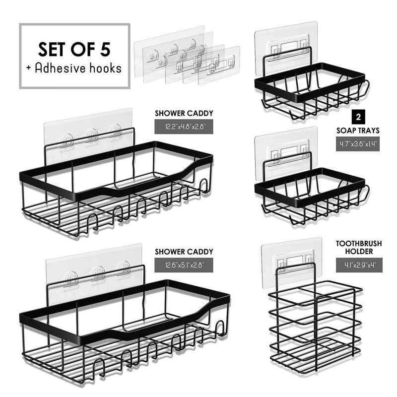 Virtu Steel Adhesive Shower Caddy Organizer Heavy Duty Bathroom Accessories Organizer No Drilling Wall Mounted Shower Organizer 5 Pack Black