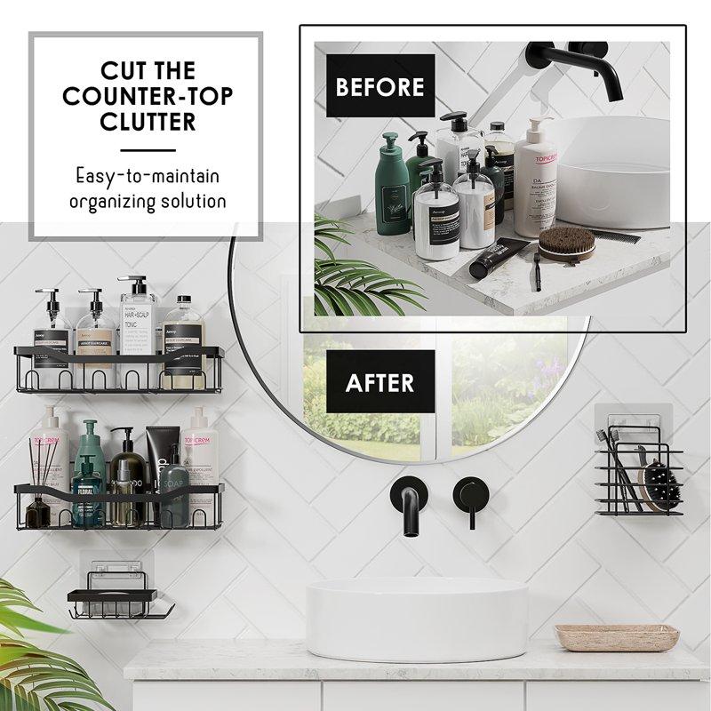 Virtu Steel Adhesive Shower Caddy Organizer Heavy Duty Bathroom Accessories Organizer No Drilling Wall Mounted Shower Organizer 5 Pack Black