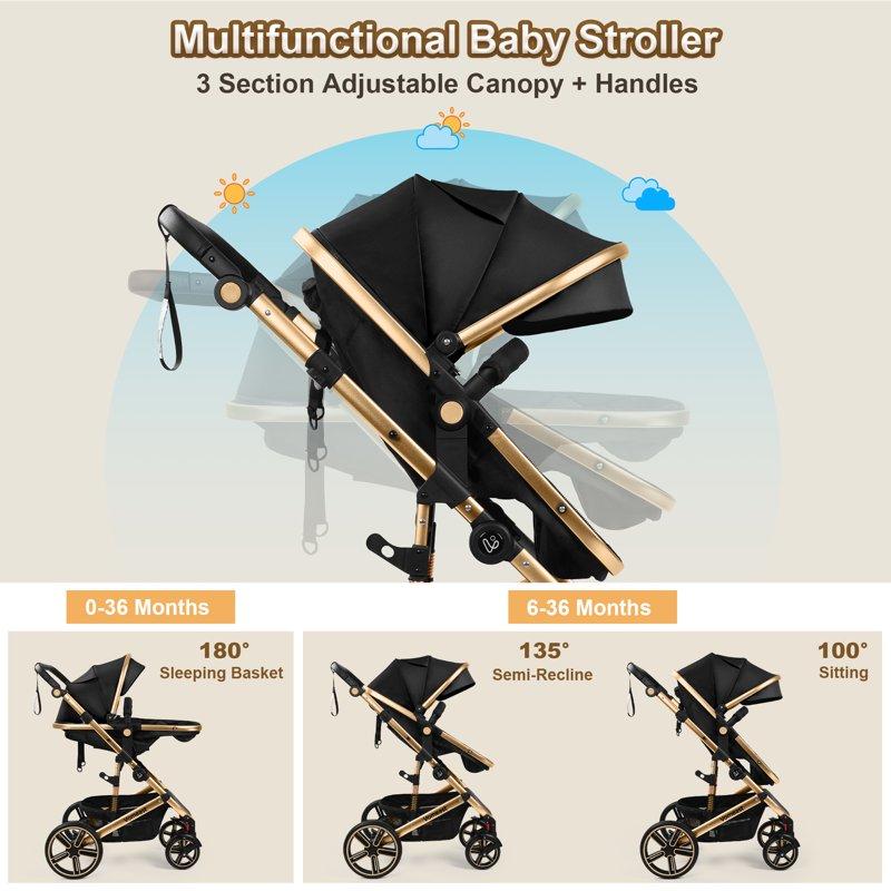 Vomeast Baby Stroller Foldable Aluminum Alloy Stroller With Reversible Travel Stroller For Newborn Infant Black