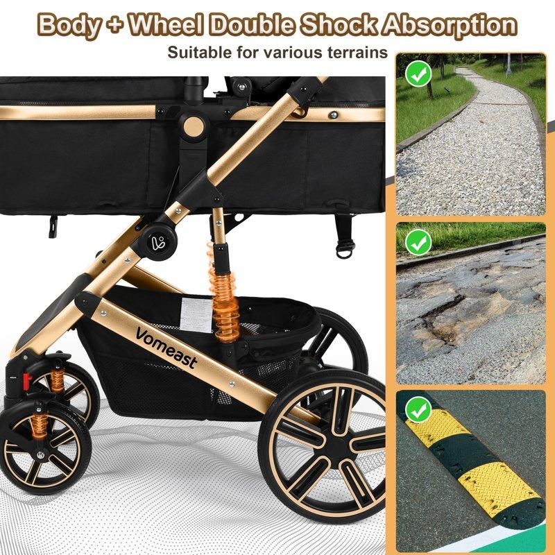 Vomeast Baby Stroller Foldable Aluminum Alloy Stroller With Reversible Travel Stroller For Newborn Infant Black