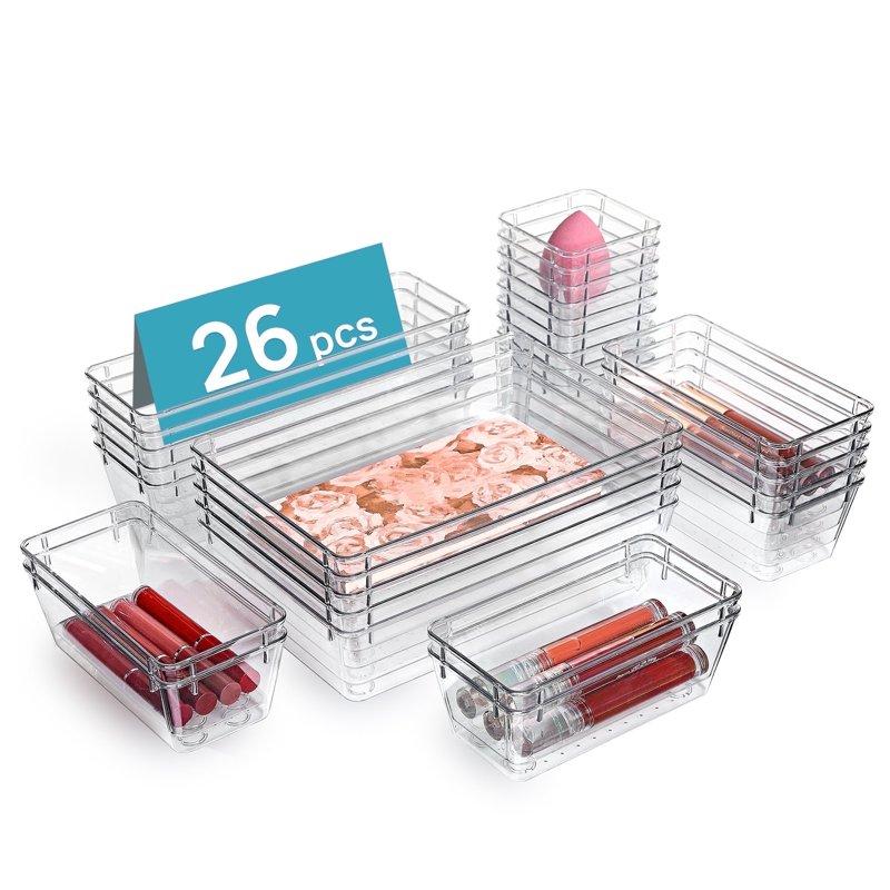 Vtopmart 26 PCS Clear Plastic Stackable Organizer Bins Makeup Drawer Organizers And Vanity Organizer