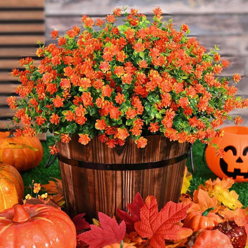 Waipfaru 12 Bundles Fall Flowers Outdoor Fake Mums UV Resistant Faux Flowers No Fade Fake Greenery For Outside Porch Home Decoration