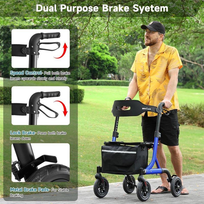 Walkers For Seniors Rollator Walker With Seat 10" Rubber Wheels All Terrain Rollator Walker With Backrest Aluminum Walkers Built-in Cable Foldable And Adjustable Height For Seniors Blue