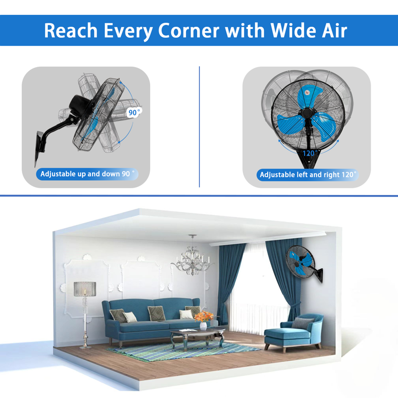 Wall Mount Fan 7000 CFM High Velocity Industrial 22 Inch Heavy Duty Fan With 3-Speed Oscillating Commercial Use For Warehouse Garage Factory Blue