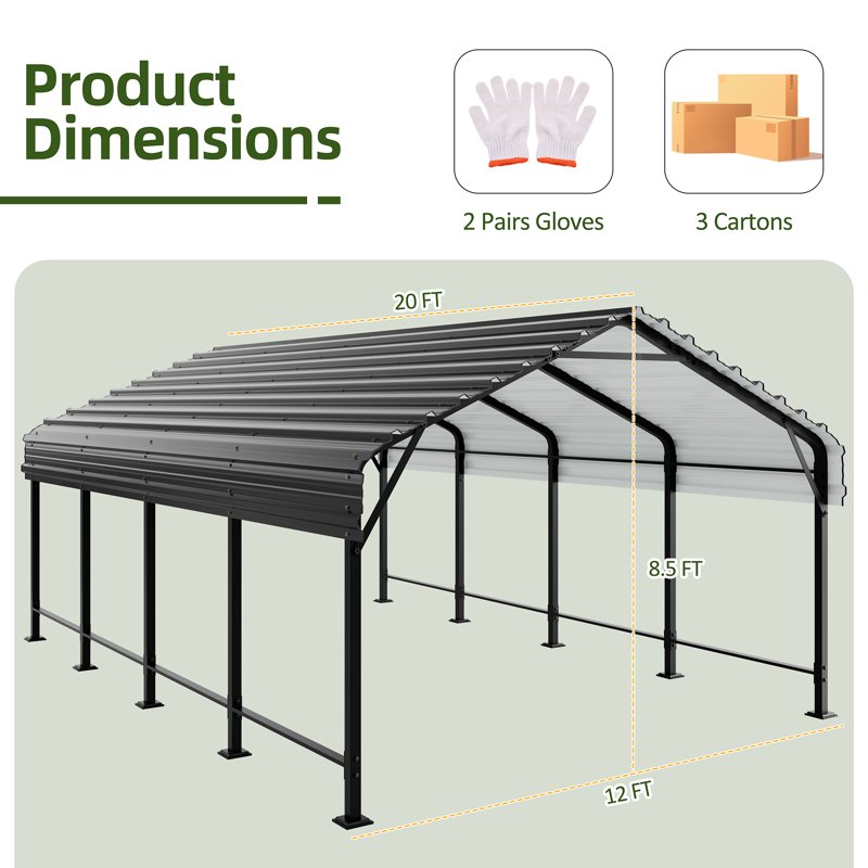 Walsunny 12X20 FT Carport Outdoor Heavy Duty Carport Canopy With Galvanized Steel Roof Metal Carport Extra Large Garage Car Storage Shelter