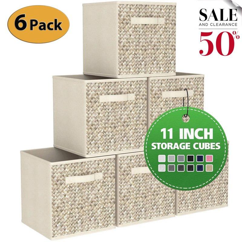 Werseon 11 Inch Storage Cubes With Handle Set Of 6 Foldable Cube Storage Bins Collapsible Fabric Storage Boxes For Organizing Closet Bins-Beige