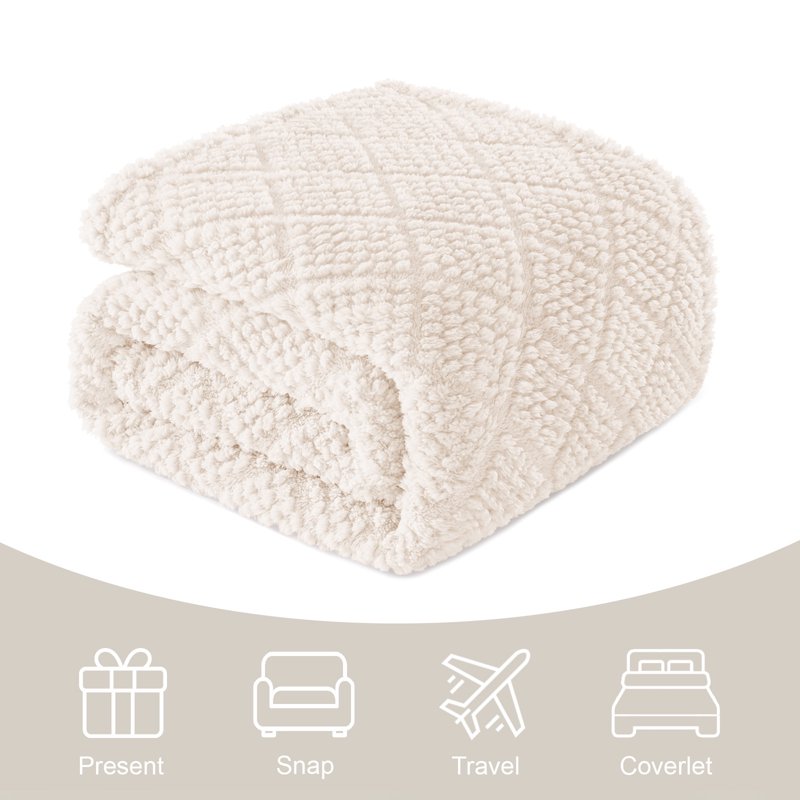 Whale Flotilla Fuzzy Fleece Queen Size Blanket For Bed Soft Fluffy Jacquard Waffle Blankets For All Season Lightweight And Warm 90x90 Inch Ivory