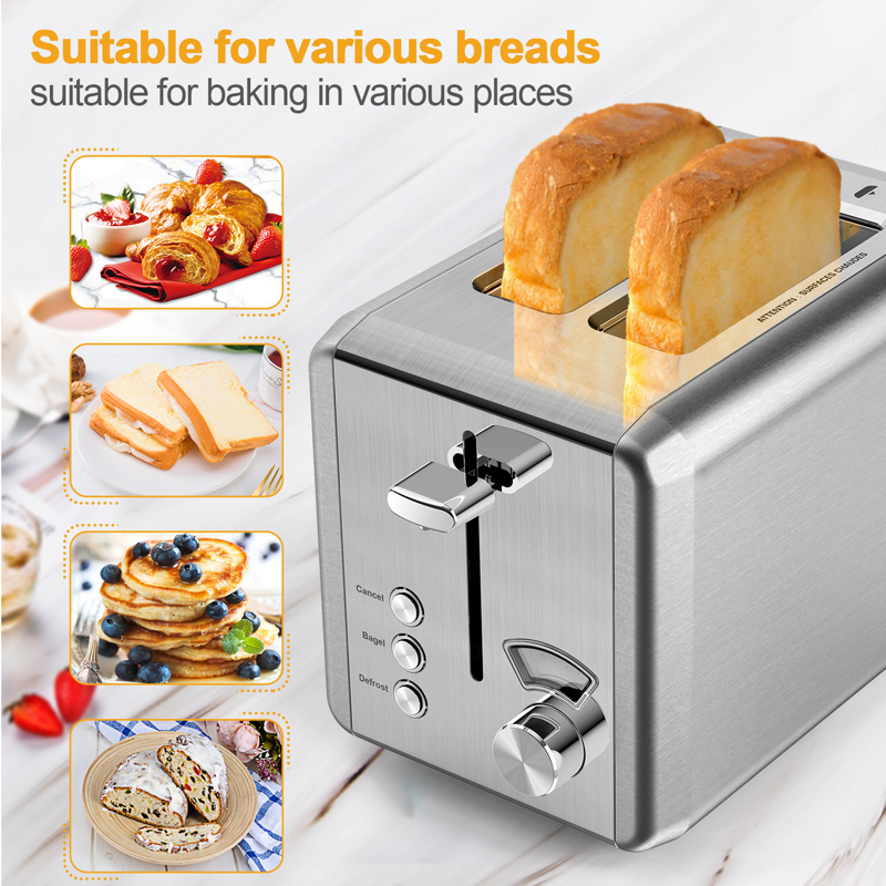 WHALL 2 Slice Toaster - Stainless Steel Toaster With Wide Slot 6 Shade Settings Bagel Function Silver