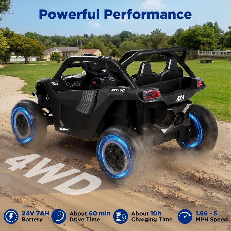 Wisairt 24V Kids Ride On Truck Car With 2 Seaters 4WD Electric Powered Ride On UTV 1.86-5 MPH Remote Control LED Lights Bluetooth Music Giftable Ride On Toy Car For Kids Age 3-8 Years Black